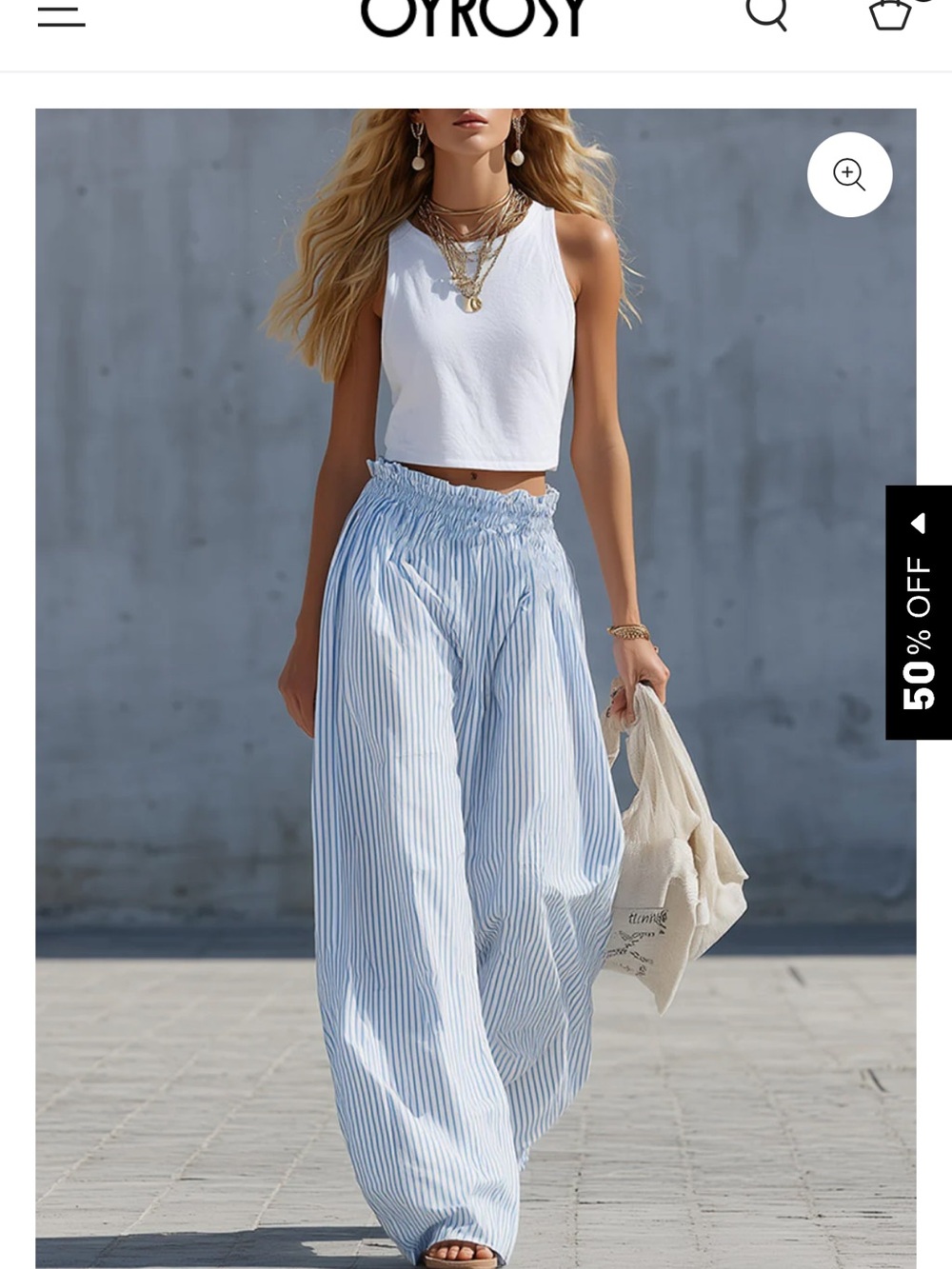 Striped Light Blue Wide-Leg Smocked Waist Pants